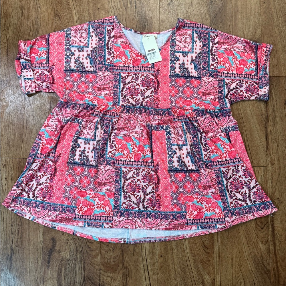Women's Pink Patchwork Print Peasant Blouse